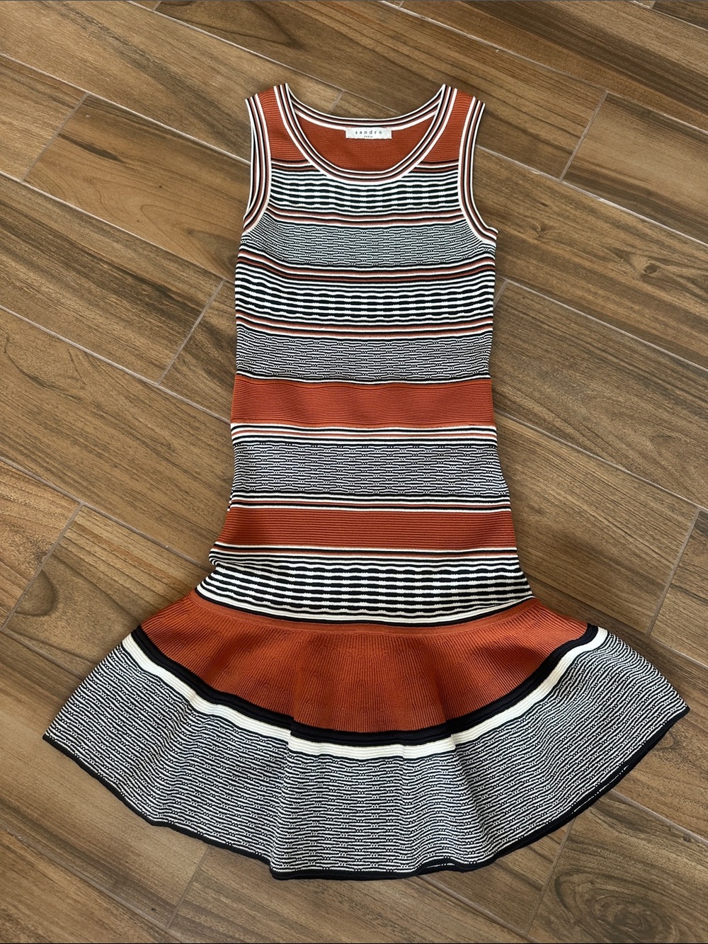 Sandro Rust, Black & White Striped Knit Flare Hem woman’s Dress